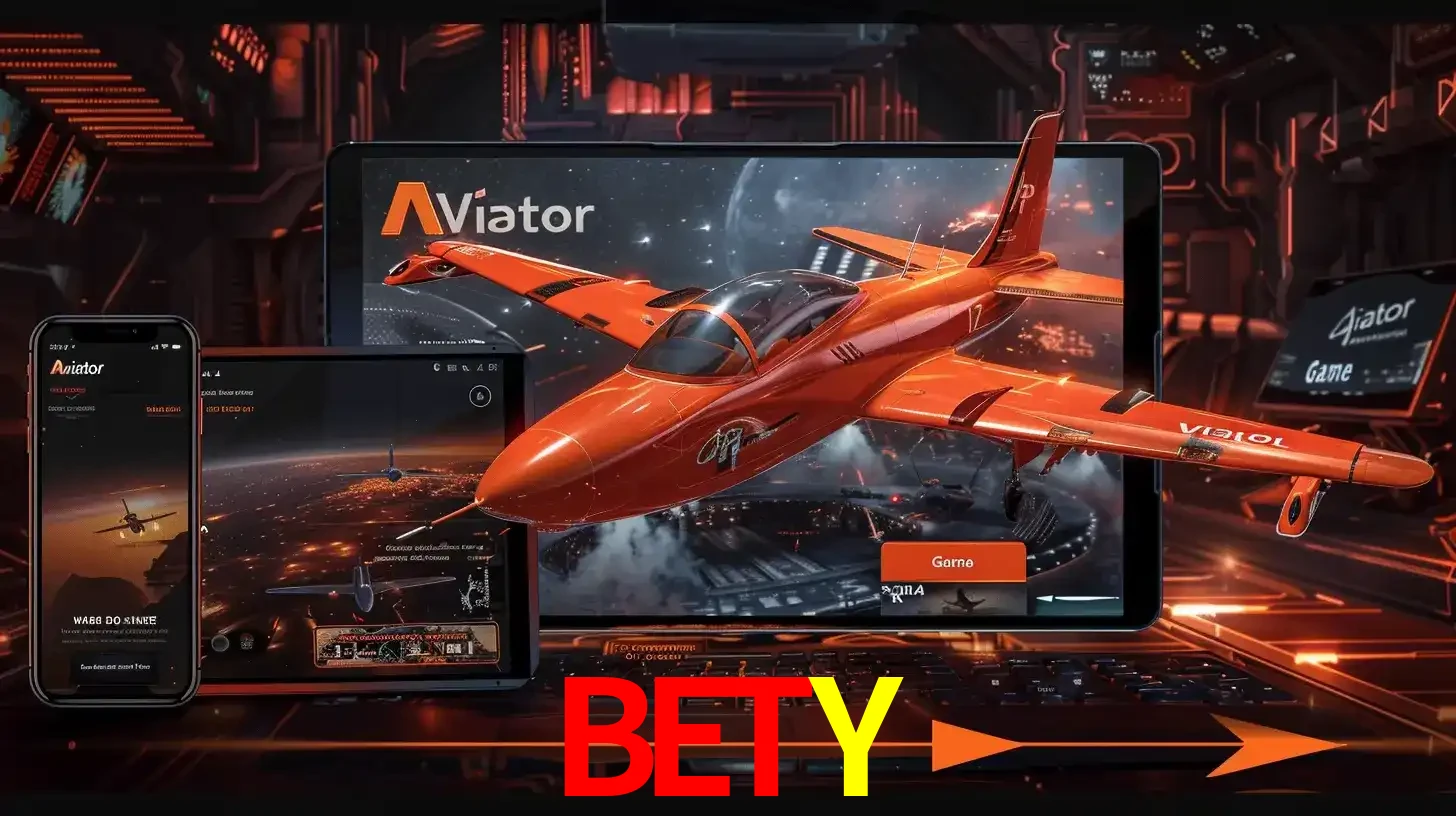 Apresentação tecnológica do jogo Aviator com um avião saindo da tela de um tablet, demonstrando a experiência imersiva em múltiplos dispositivos no BETY.