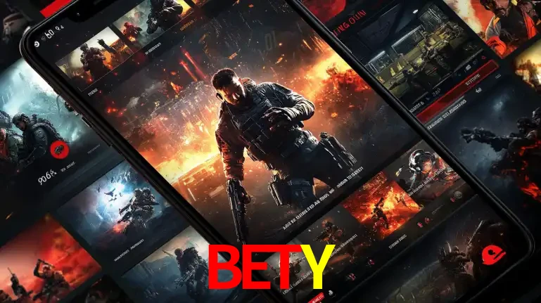 Tela de um celular exibindo uma galeria de jogos de tiro com temática militar, mostrando a variedade de e-sports disponíveis para apostas na plataforma de entretenimento BETY.