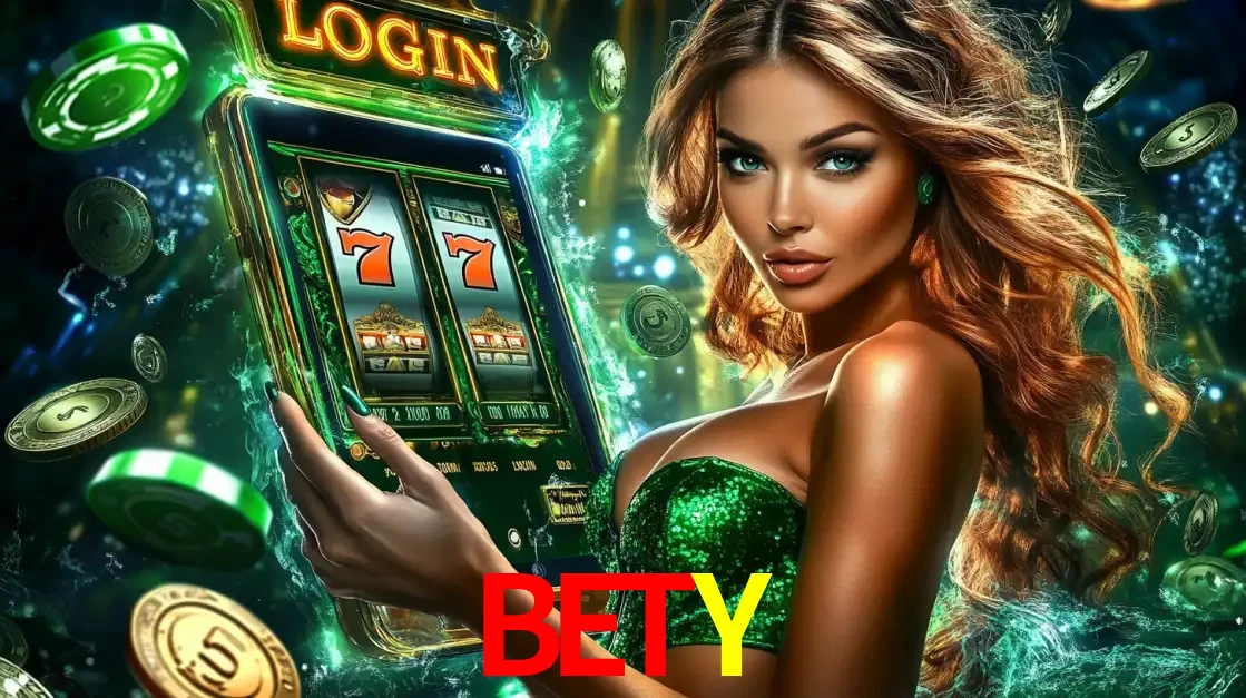 Mulher com tema verde apresentando o aplicativo do cassino BETY com um jogo de slot de 777, cercada por fichas de cassino e uma aura de sorte.