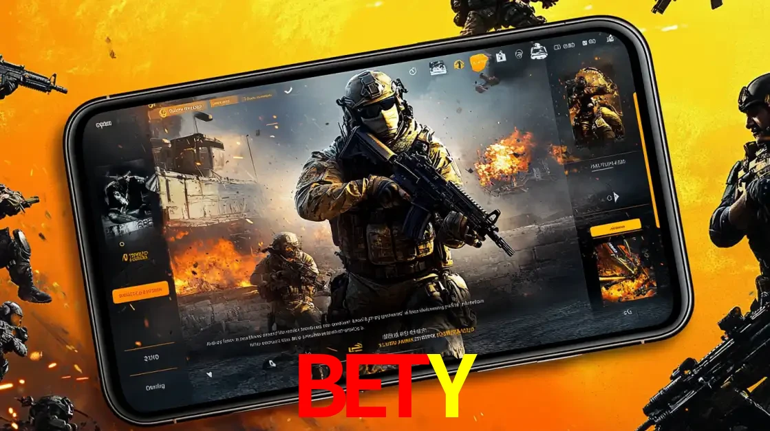 Um smartphone exibindo a interface de um jogo de tiro em primeira pessoa, com um soldado em um cenário de batalha, representando a ação dos e-sports para apostar no BETY.