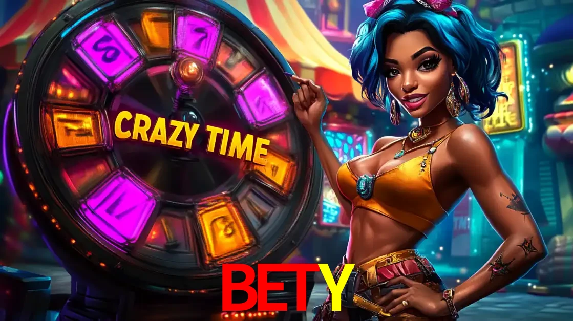 Mulher estilizada com cabelo azul e visual vibrante posando ao lado da roda de prêmios do game show Crazy Time, convidando para a diversão e os bônus do cassino BETY.