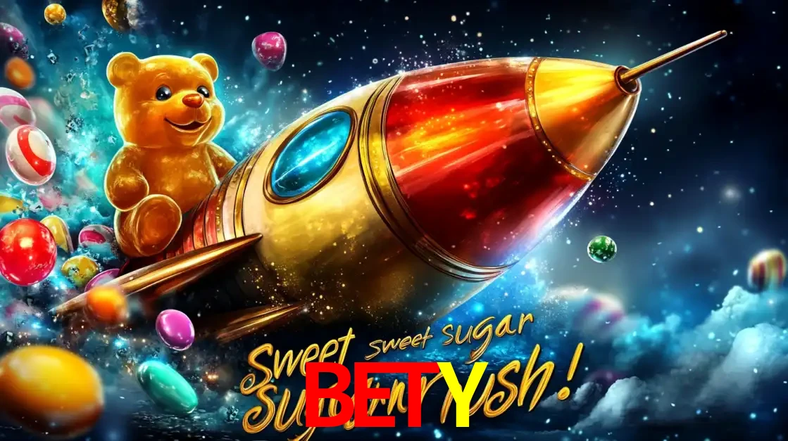 Arte promocional do jogo de slot Sugar Rush, com um urso de pelúcia em um foguete viajando pelo espaço de doces, um dos jogos divertidos disponíveis no cassino BETY.