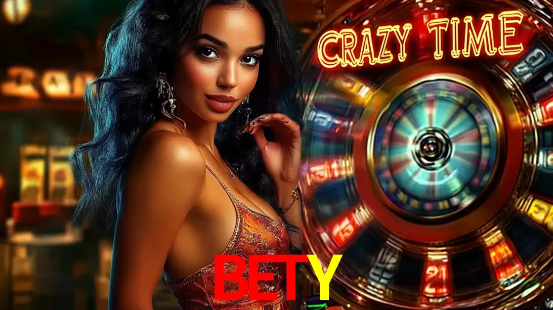 Mulher elegante ao lado da vibrante roda da fortuna do jogo de cassino ao vivo Crazy Time, um dos game shows mais populares e cheios de prêmios do BETY.