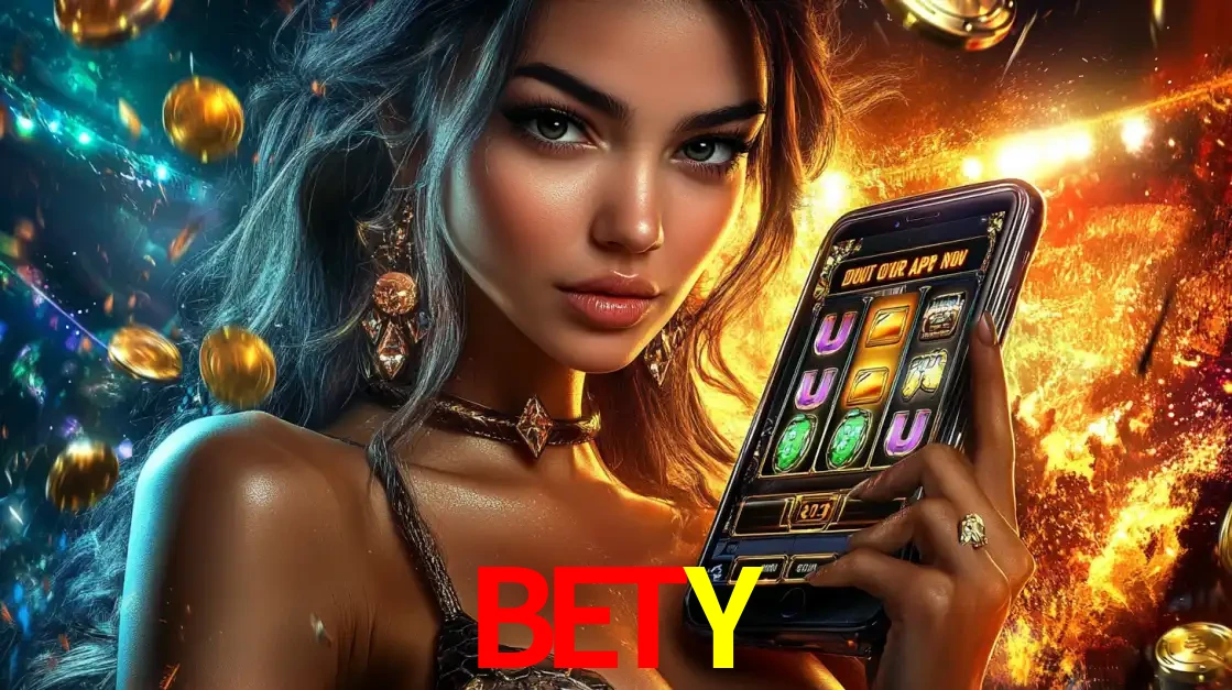 Mulher elegante mostrando um jogo de caça-níqueis em seu smartphone, destacando a experiência de cassino móvel oferecida pelo aplicativo BETY.