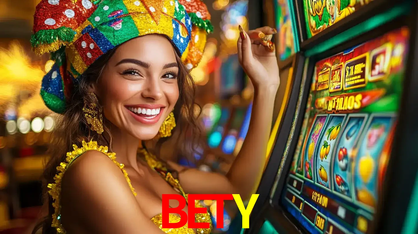 Mulher feliz com traje de carnaval amarelo e colorido ao lado de uma máquina de caça-níqueis, aproveitando a diversão e os jogos temáticos do cassino BETY.