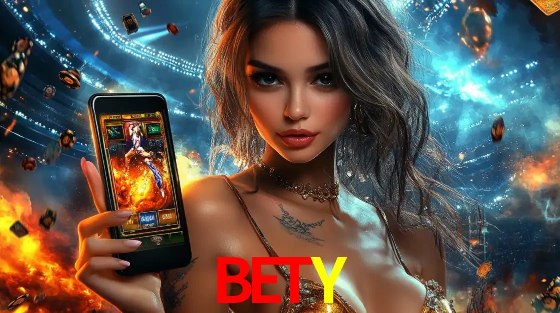 Mulher segurando um celular com um jogo de slot em destaque, tendo como fundo um estádio vibrante, simbolizando a emoção de jogar no cassino móvel BETY.