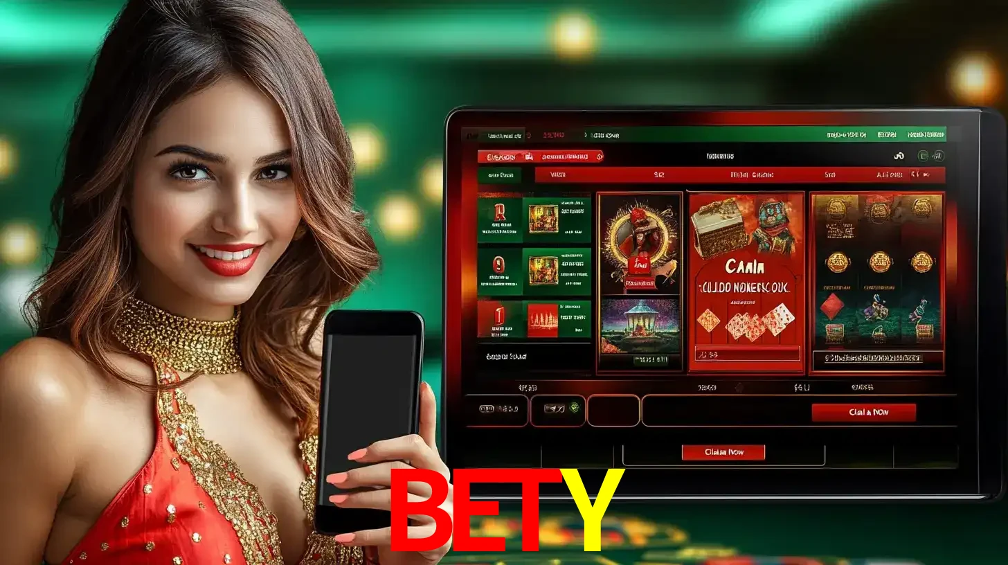 Mulher sorridente segurando um smartphone, ao lado de uma tela exibindo o lobby de jogos do cassino online BETY, com várias opções de jogos de cartas e slots.